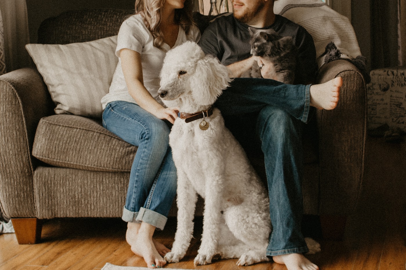 A couple relaxing at home on a sofa with their dog beside them